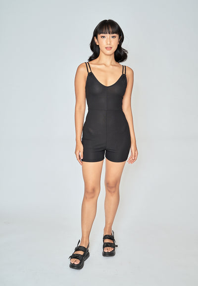 Yelle Black Knitted V Neck Double Strap Sleeveless Unitard Romper