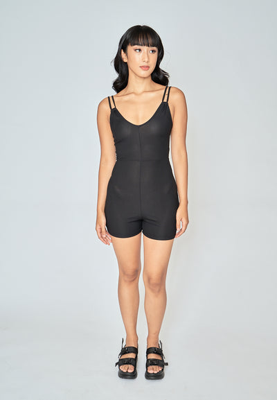 Yelle Black Knitted V Neck Double Strap Sleeveless Unitard Romper