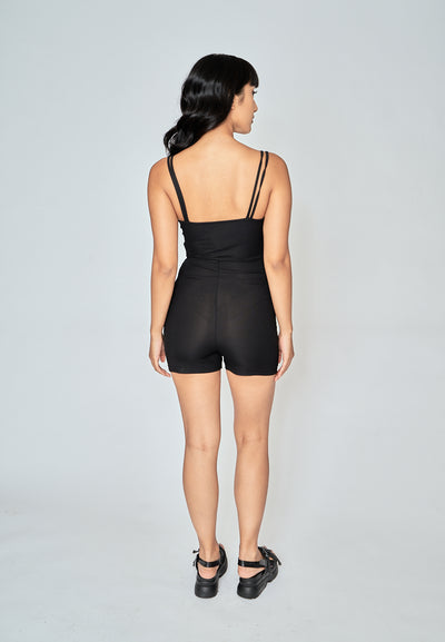 Yelle Black Knitted V Neck Double Strap Sleeveless Unitard Romper