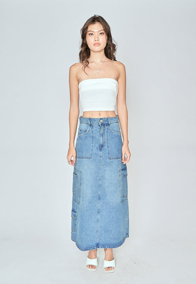 Ylena Blue Denim Zipper Fly Multi-Pockets Cargo Midi Skirt