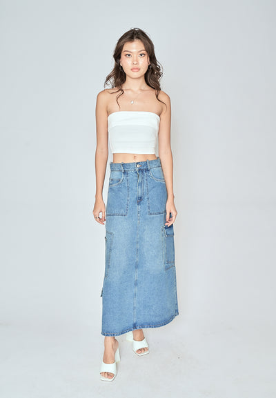 Ylena Blue Denim Zipper Fly Multi-Pockets Cargo Midi Skirt