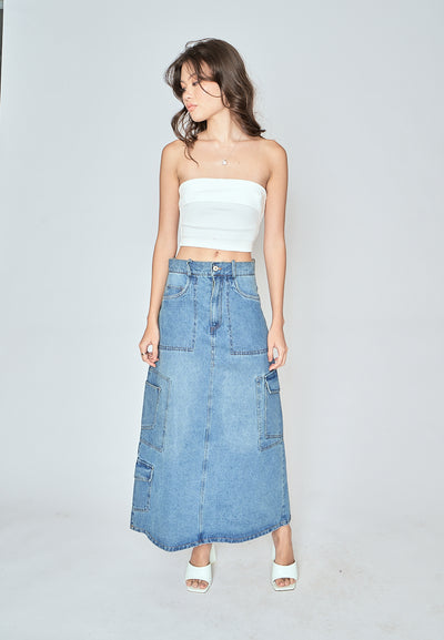 Ylena Blue Denim Zipper Fly Multi-Pockets Cargo Midi Skirt