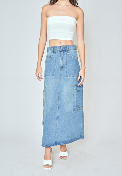 Ylena Blue Denim Zipper Fly Multi-Pockets Cargo Midi Skirt