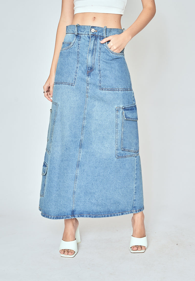 Ylena Blue Denim Zipper Fly Multi-Pockets Cargo Midi Skirt