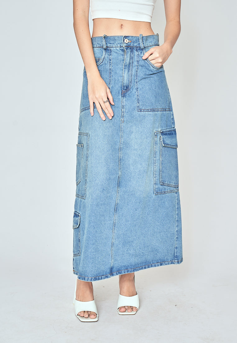 Ylena Blue Denim Zipper Fly Multi-Pockets Cargo Midi Skirt