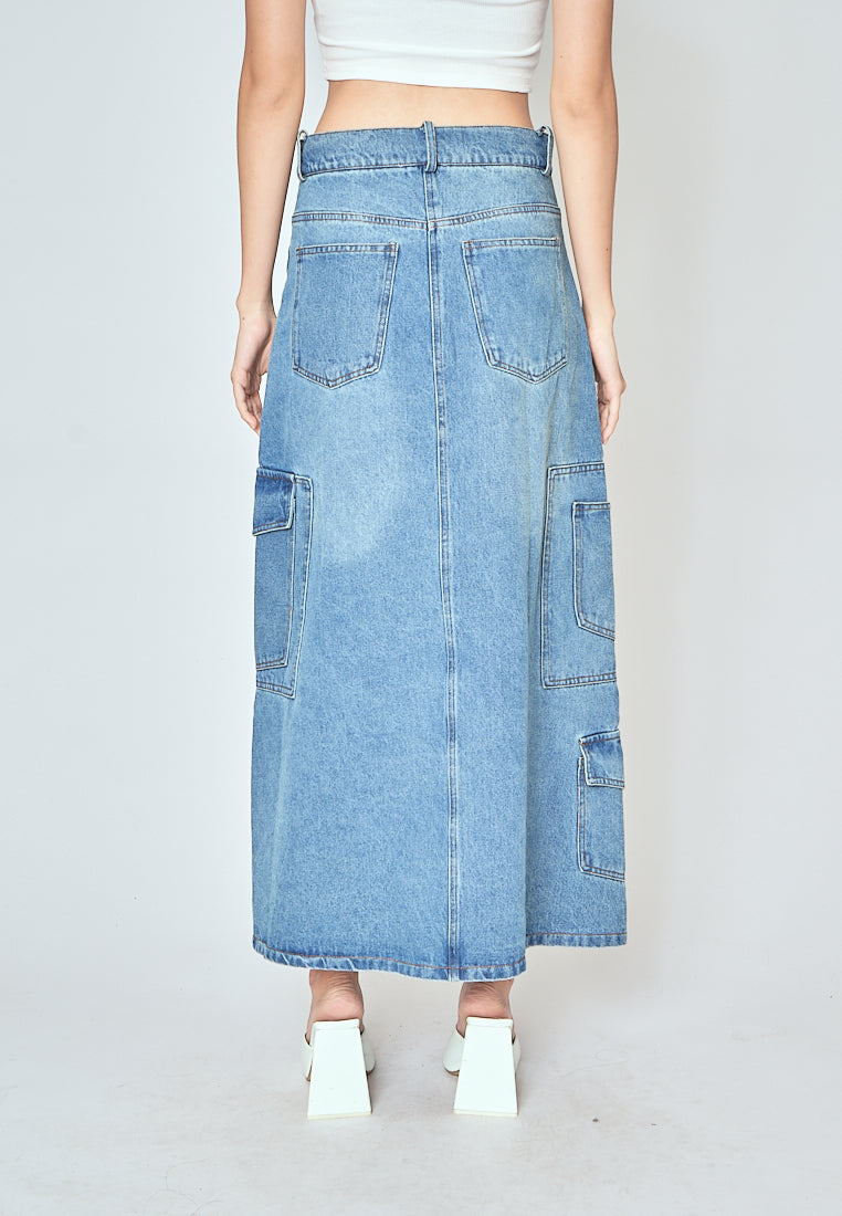 Ylena Blue Denim Zipper Fly Multi-Pockets Cargo Midi Skirt