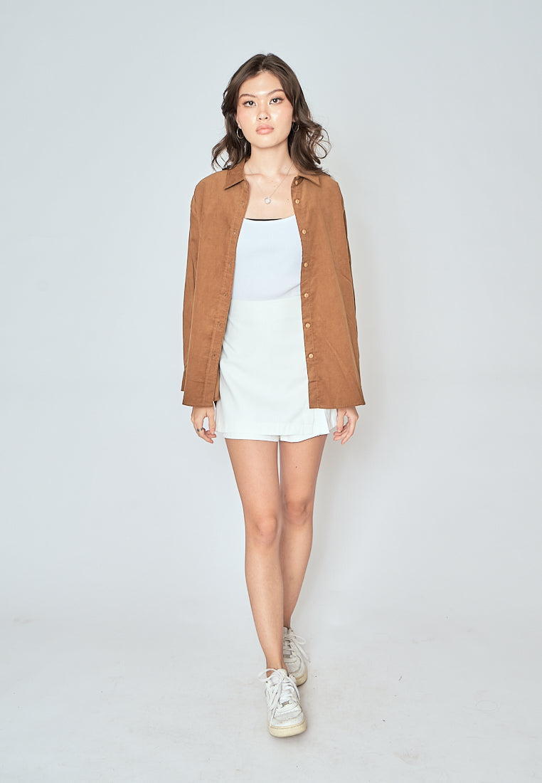 Torrie Khaki Corduroy Turn Down Collar Buttondown Long Sleeves Top