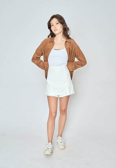 Torrie Khaki Corduroy Turn Down Collar Buttondown Long Sleeves Top