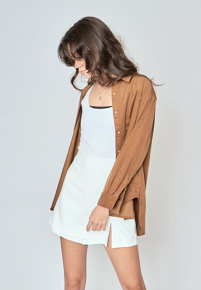 Torrie Khaki Corduroy Turn Down Collar Buttondown Long Sleeves Top
