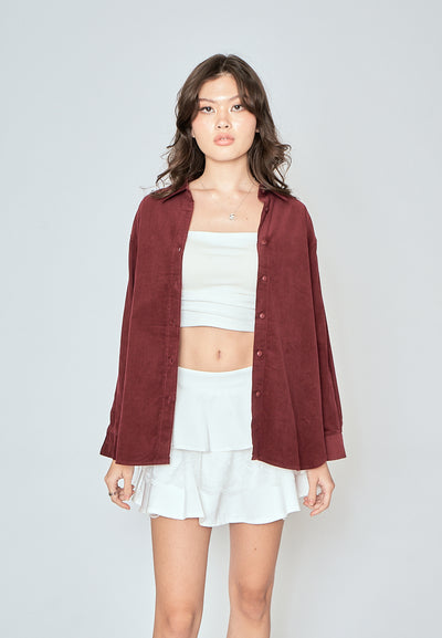Torrie Maroon Corduroy Turn Down Collar Buttondown Long Sleeves Top