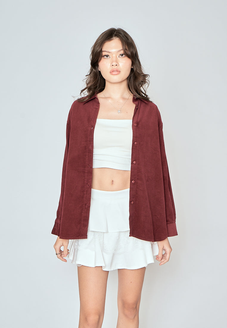 Torrie Maroon Corduroy Turn Down Collar Buttondown Long Sleeves Top