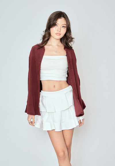 Torrie Maroon Corduroy Turn Down Collar Buttondown Long Sleeves Top