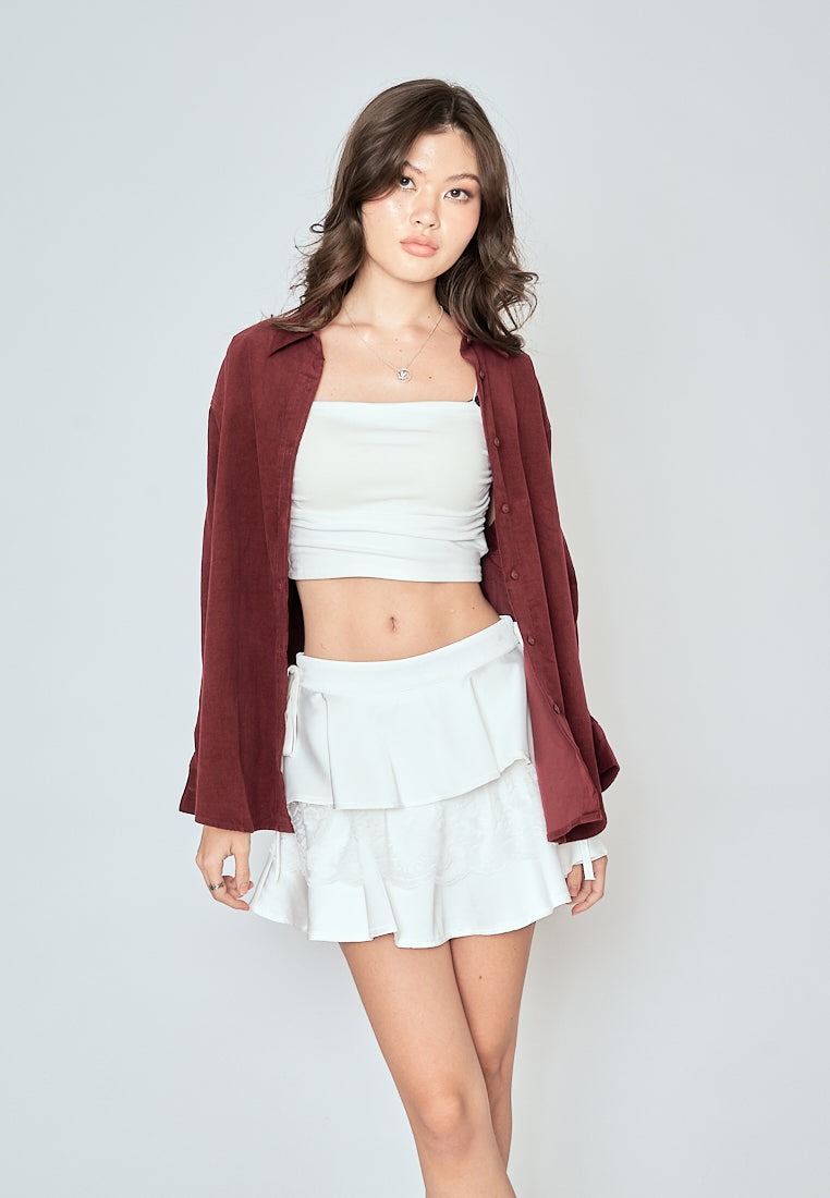 Torrie Maroon Corduroy Turn Down Collar Buttondown Long Sleeves Top