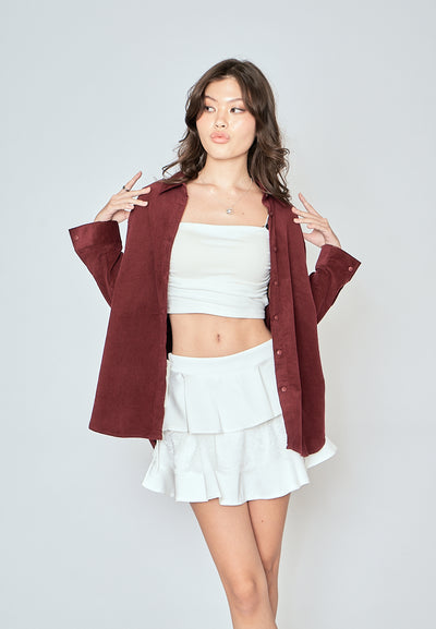 Torrie Maroon Corduroy Turn Down Collar Buttondown Long Sleeves Top
