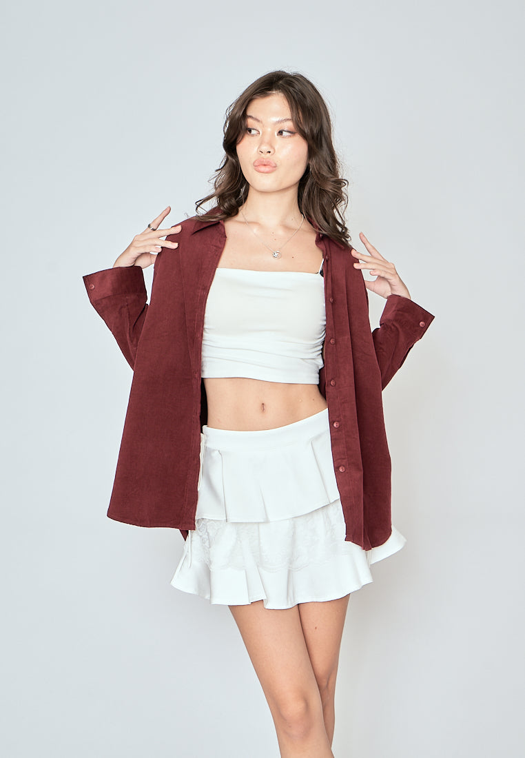Torrie Maroon Corduroy Turn Down Collar Buttondown Long Sleeves Top
