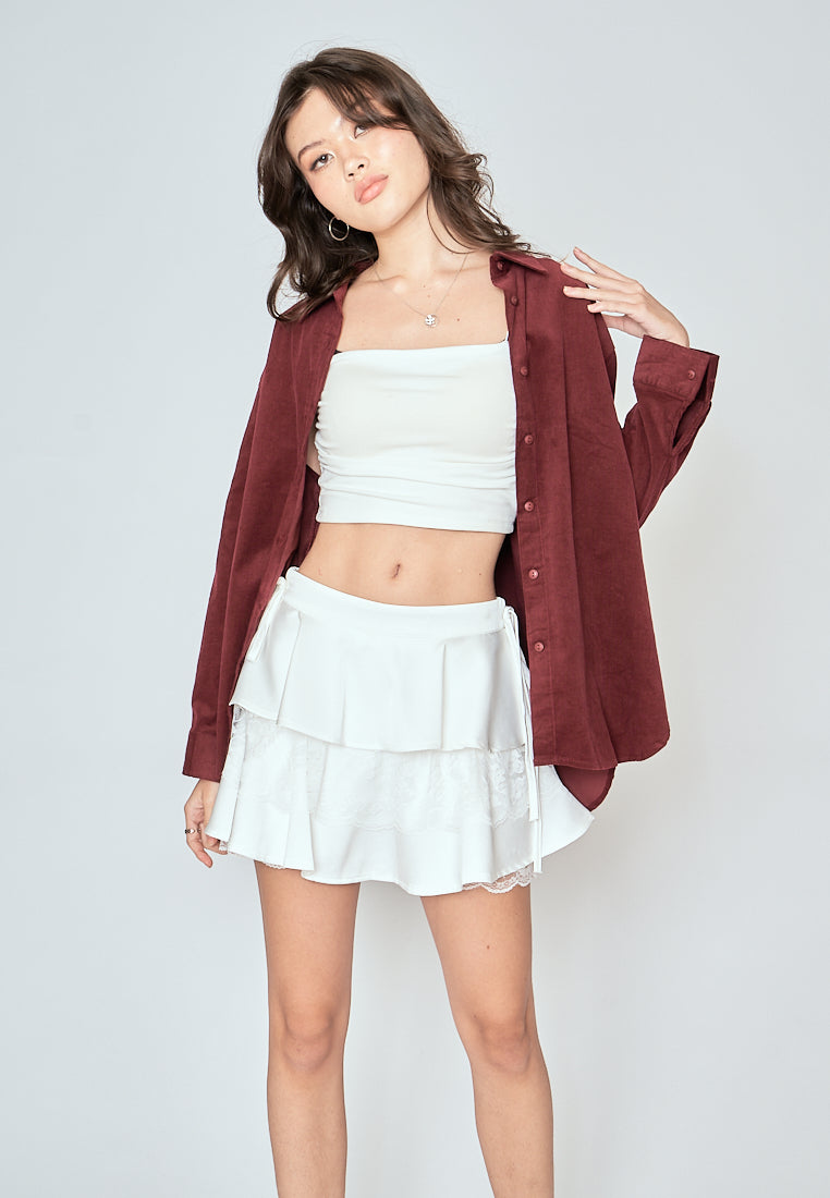 Torrie Maroon Corduroy Turn Down Collar Buttondown Long Sleeves Top