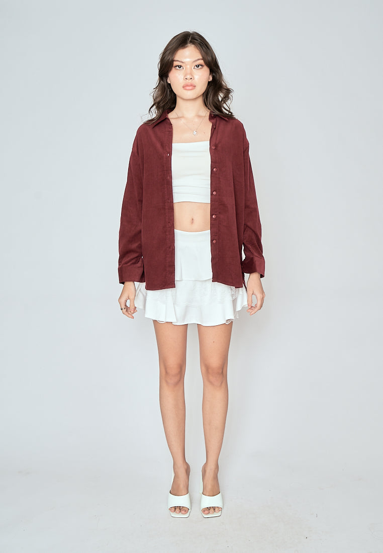Torrie Maroon Corduroy Turn Down Collar Buttondown Long Sleeves Top