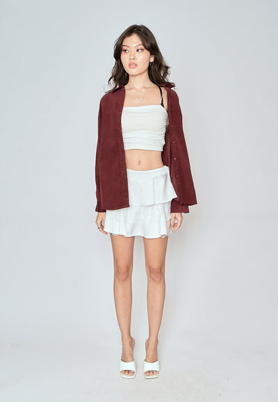 Torrie Maroon Corduroy Turn Down Collar Buttondown Long Sleeves Top