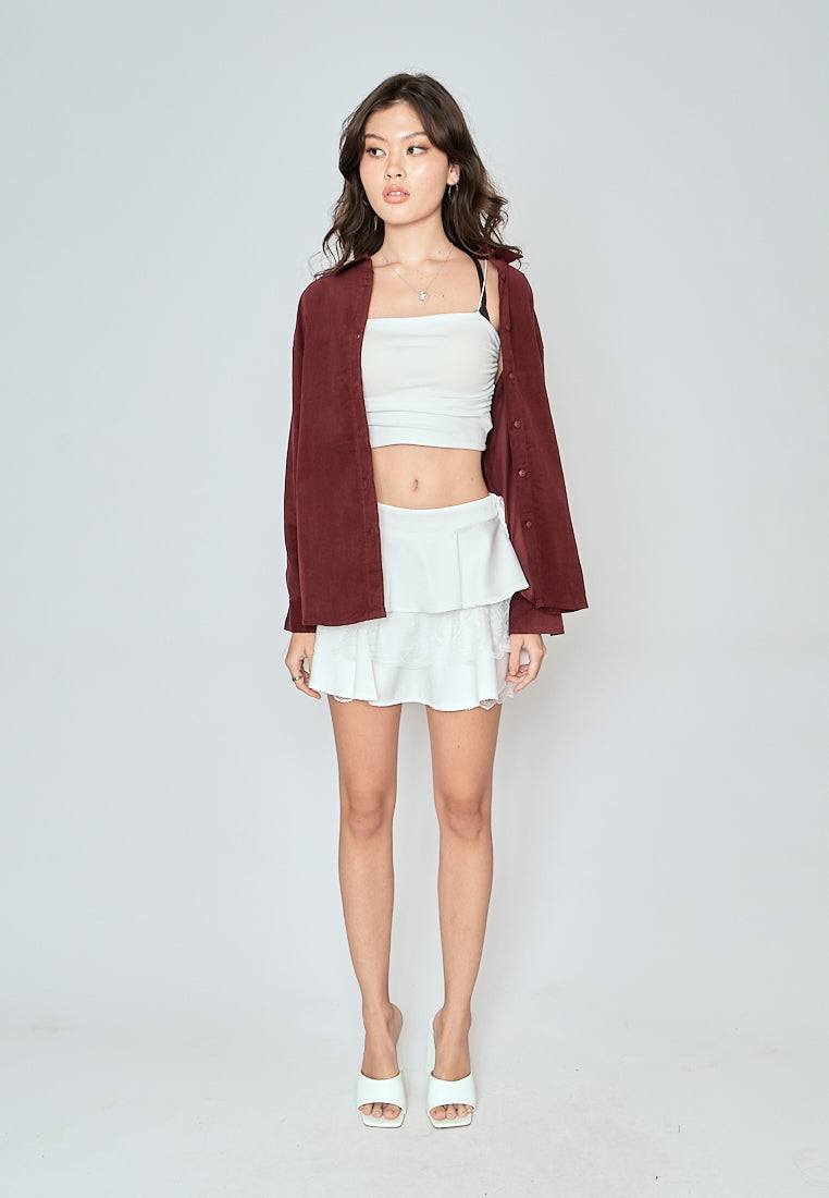 Torrie Maroon Corduroy Turn Down Collar Buttondown Long Sleeves Top
