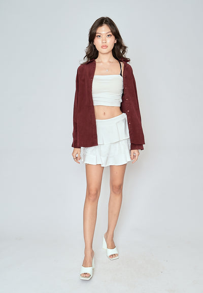 Torrie Maroon Corduroy Turn Down Collar Buttondown Long Sleeves Top