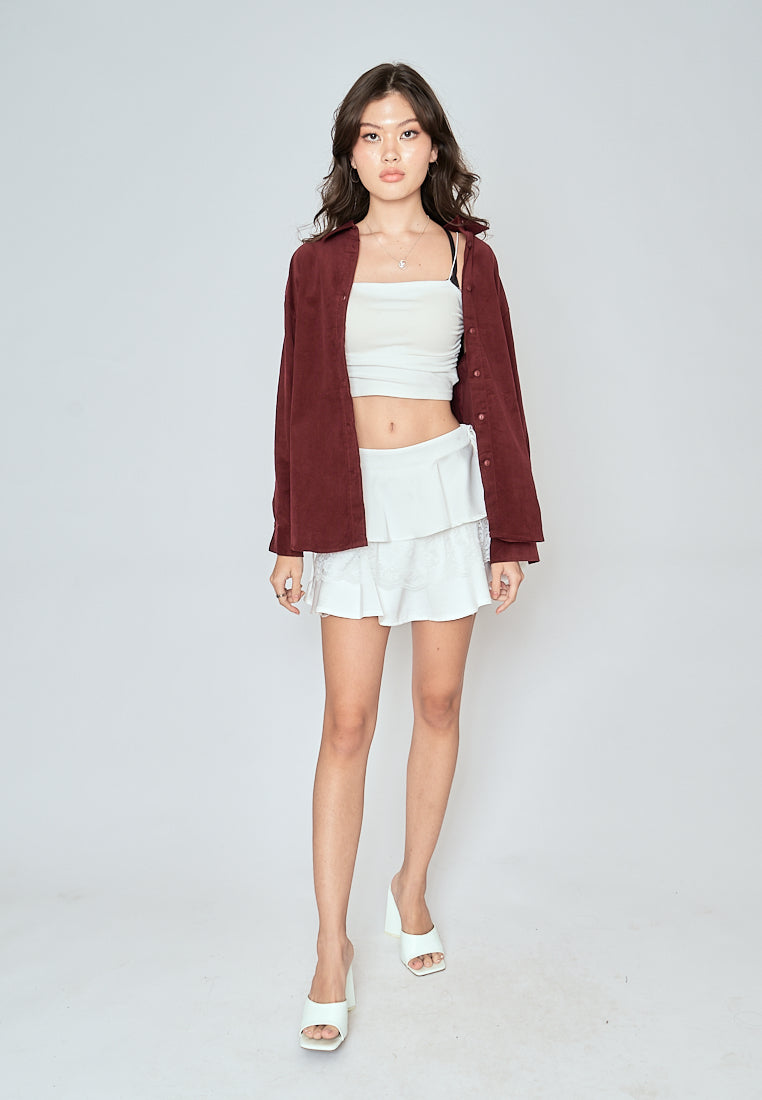 Torrie Maroon Corduroy Turn Down Collar Buttondown Long Sleeves Top