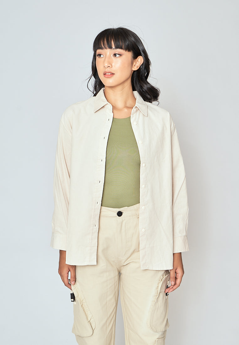 Torrie White Corduroy Turn Down Collar Buttondown Long Sleeves Top