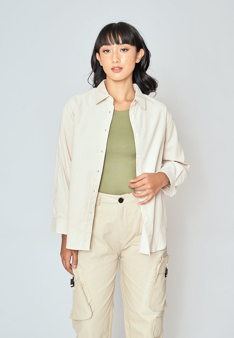 Torrie White Corduroy Turn Down Collar Buttondown Long Sleeves Top