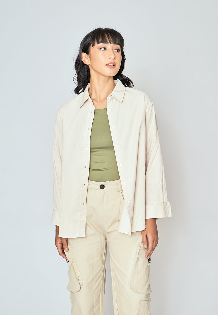 Torrie White Corduroy Turn Down Collar Buttondown Long Sleeves Top