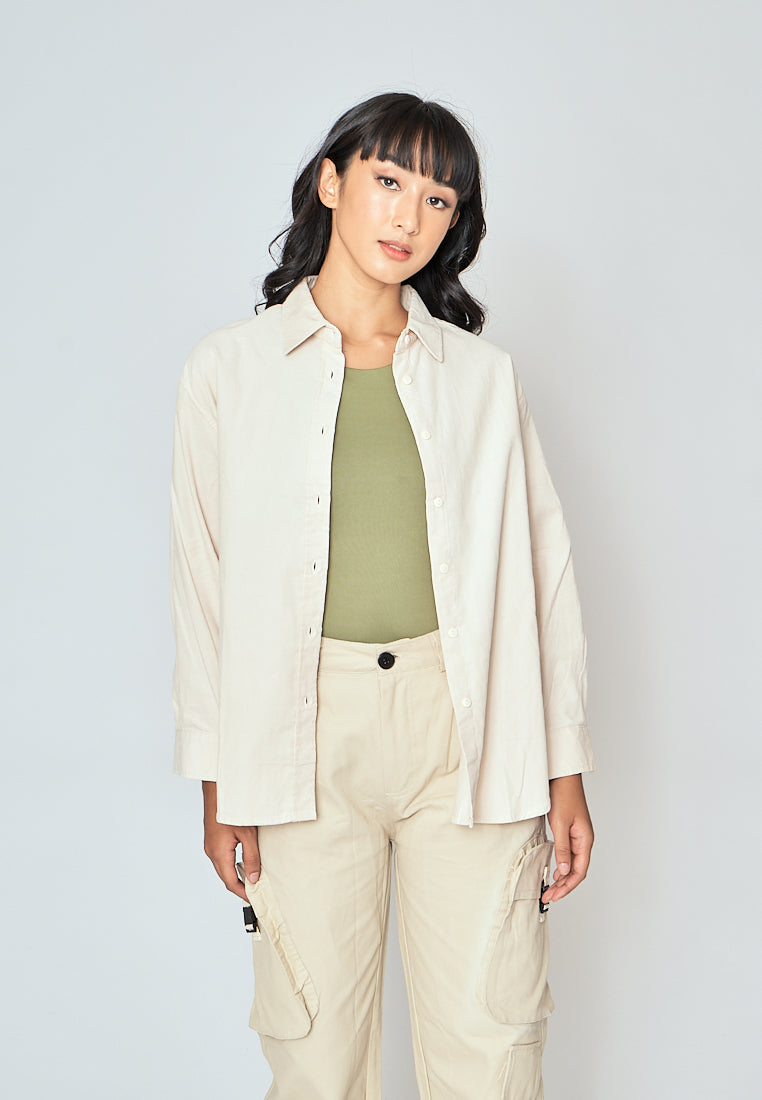 Torrie White Corduroy Turn Down Collar Buttondown Long Sleeves Top