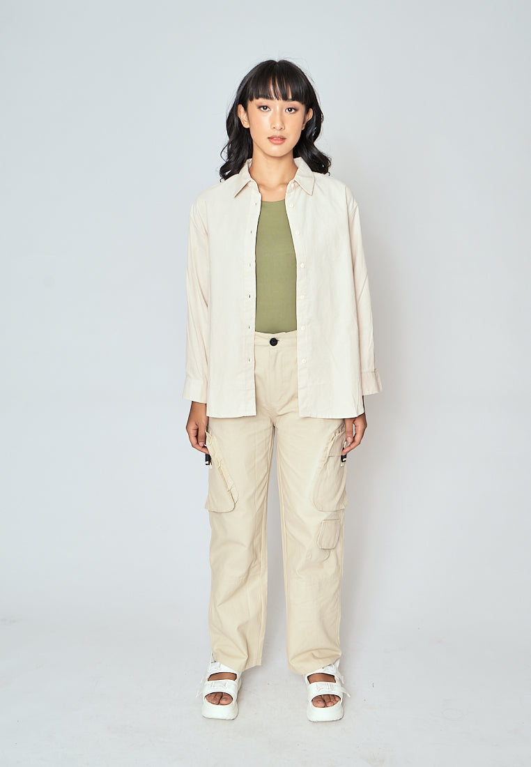 Torrie White Corduroy Turn Down Collar Buttondown Long Sleeves Top
