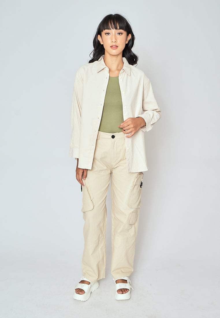 Torrie White Corduroy Turn Down Collar Buttondown Long Sleeves Top
