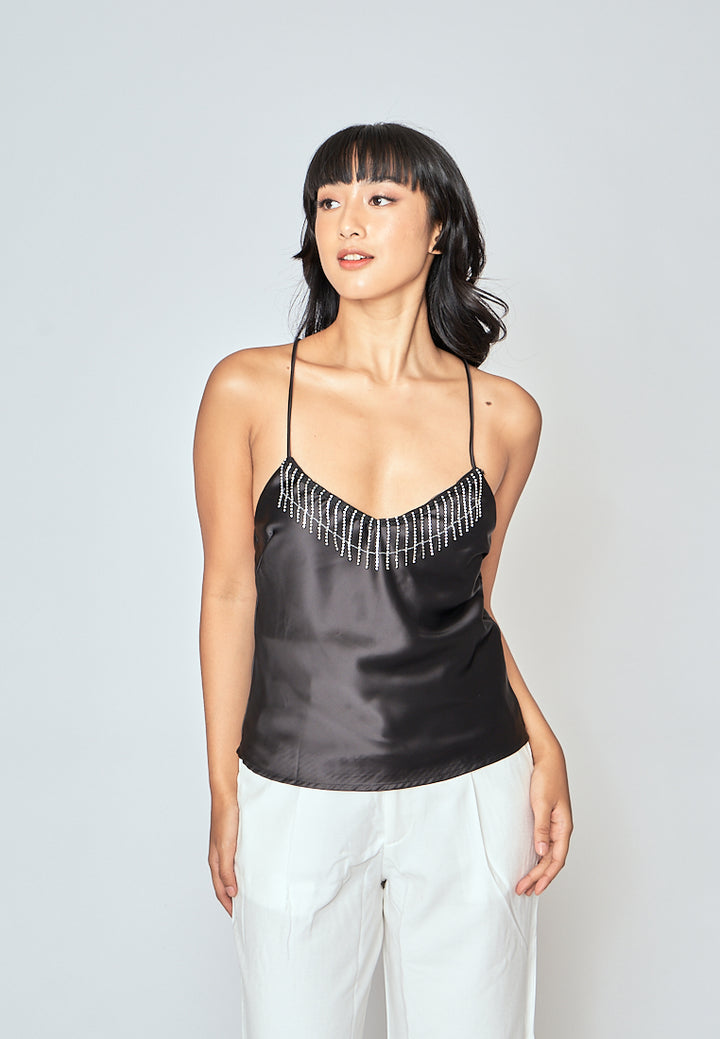 Souleil Black V Neck Diamond Tassel Criss Cross Back Sleeveless Tank Top