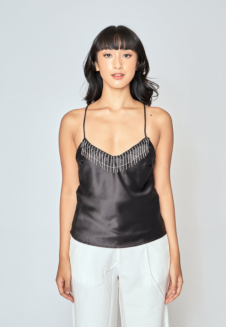 Souleil Black V Neck Diamond Tassel Criss Cross Back Sleeveless Tank Top