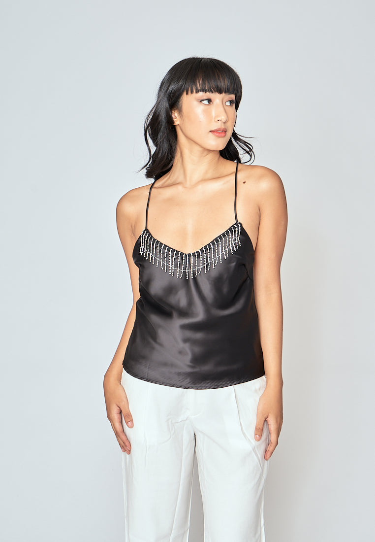 Souleil Black V Neck Diamond Tassel Criss Cross Back Sleeveless Tank Top