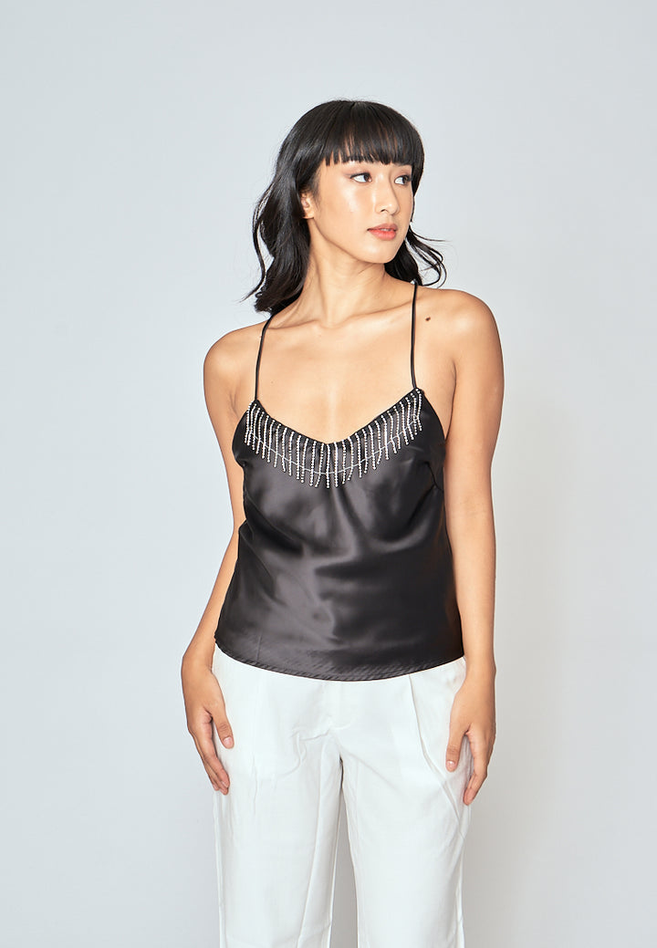Souleil Black V Neck Diamond Tassel Criss Cross Back Sleeveless Tank Top