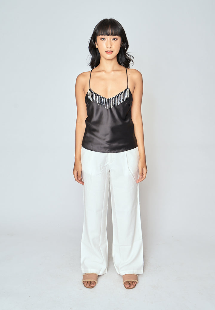 Souleil Black V Neck Diamond Tassel Criss Cross Back Sleeveless Tank Top