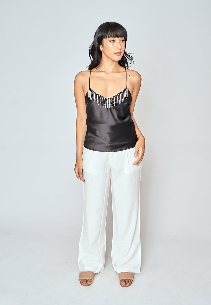 Souleil Black V Neck Diamond Tassel Criss Cross Back Sleeveless Tank Top