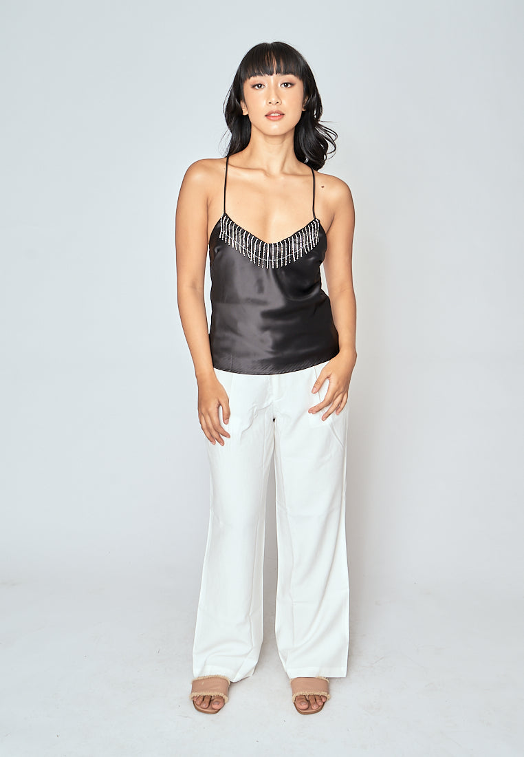 Souleil Black V Neck Diamond Tassel Criss Cross Back Sleeveless Tank Top
