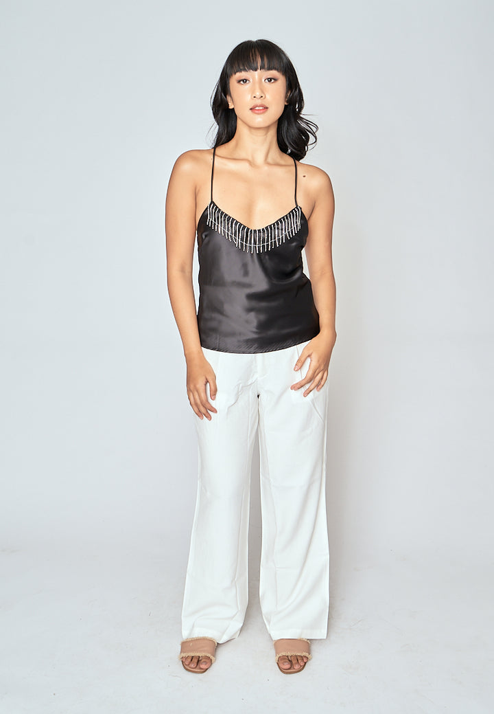 Souleil Black V Neck Diamond Tassel Criss Cross Back Sleeveless Tank Top