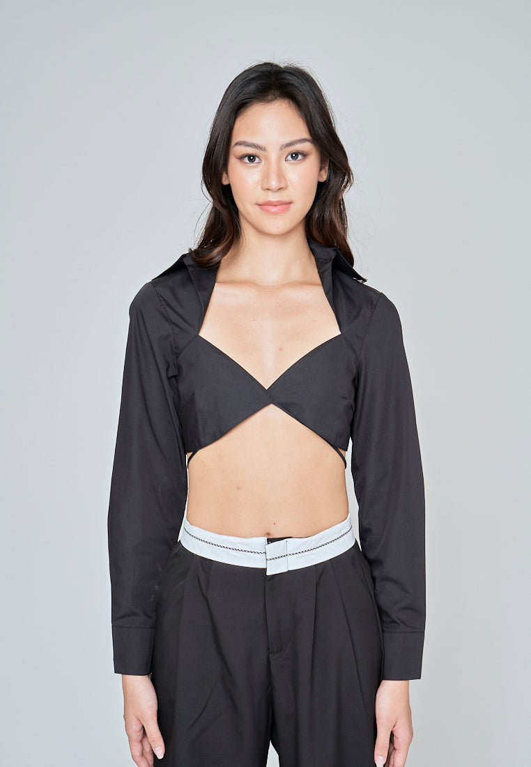 Riyah Black Sexy Bra Turn Down Collar Buttondown Long Sleeves Self Tie Crop Top