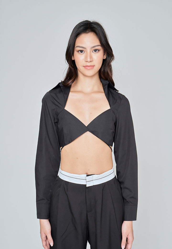Riyah Black Sexy Bra Turn Down Collar Buttondown Long Sleeves Self Tie Crop Top