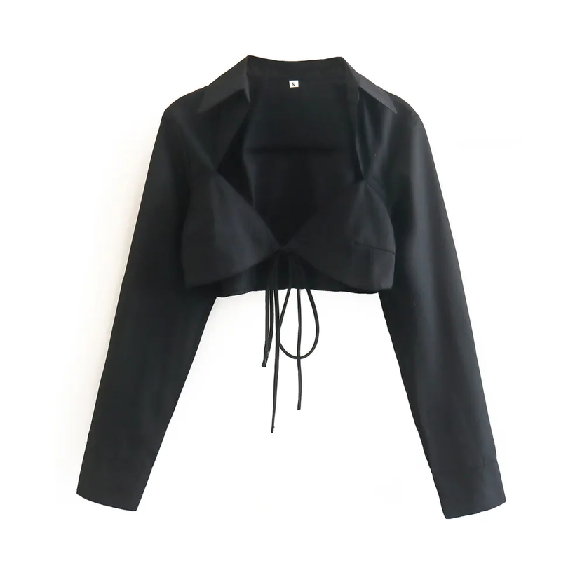 Riyah Black Sexy Bra Turn Down Collar Buttondown Long Sleeves Self Tie Crop Top