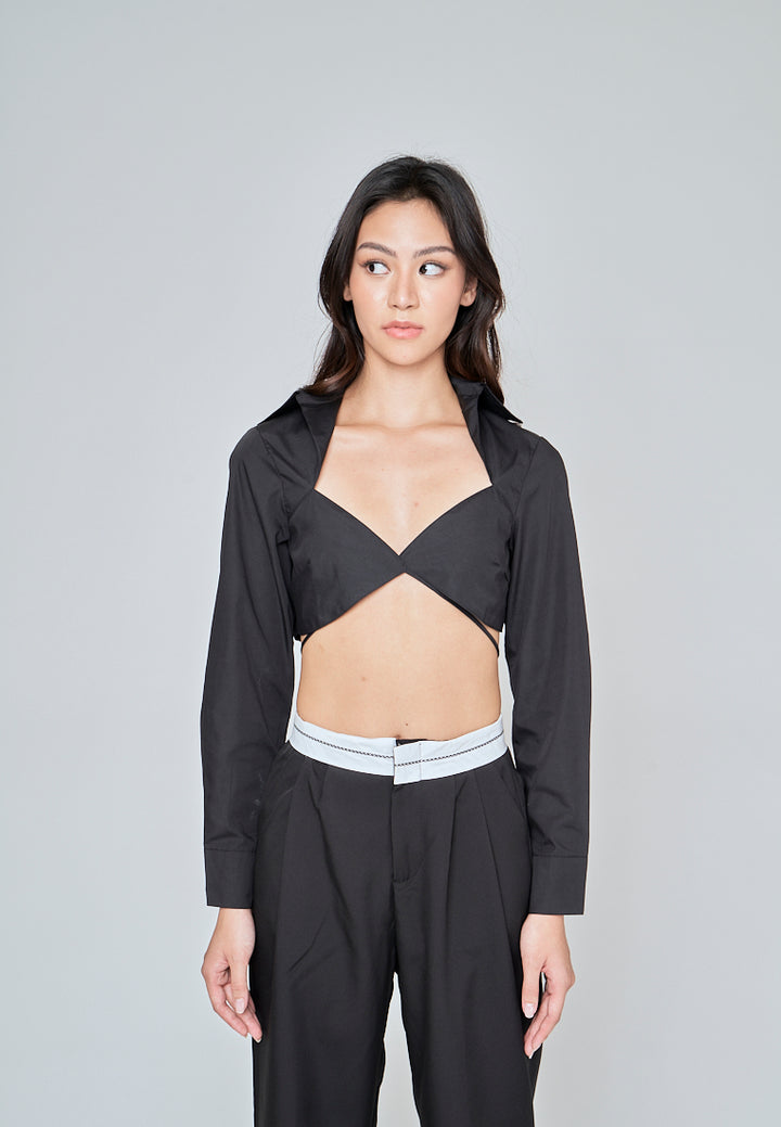 Riyah Black Sexy Bra Turn Down Collar Buttondown Long Sleeves Self Tie Crop Top