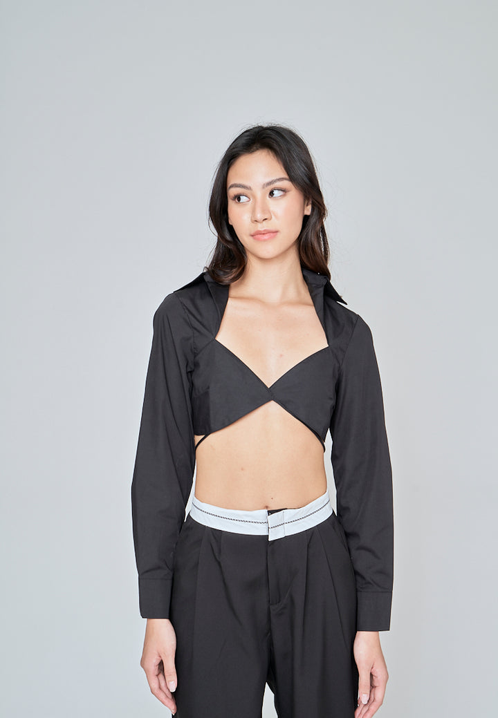 Riyah Black Sexy Bra Turn Down Collar Buttondown Long Sleeves Self Tie Crop Top