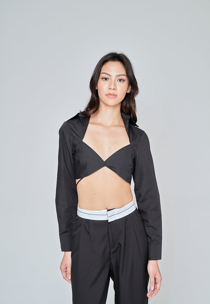 Riyah Black Sexy Bra Turn Down Collar Buttondown Long Sleeves Self Tie Crop Top