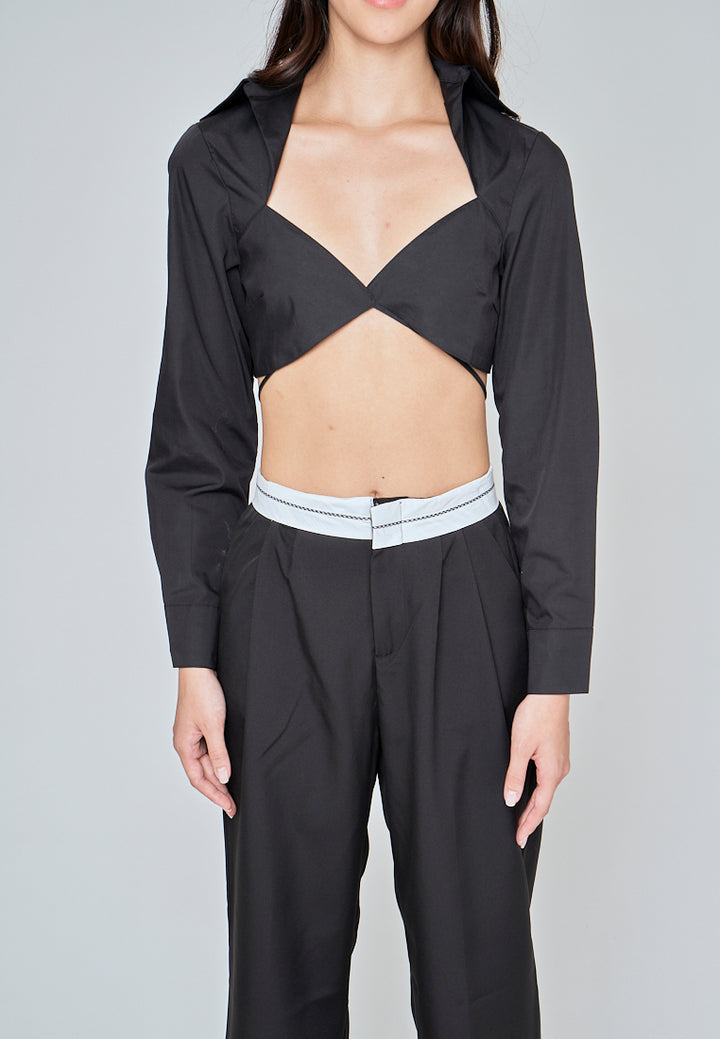 Riyah Black Sexy Bra Turn Down Collar Buttondown Long Sleeves Self Tie Crop Top