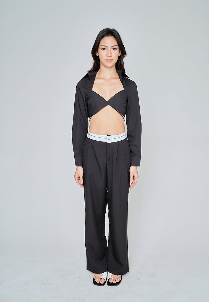 Riyah Black Sexy Bra Turn Down Collar Buttondown Long Sleeves Self Tie Crop Top
