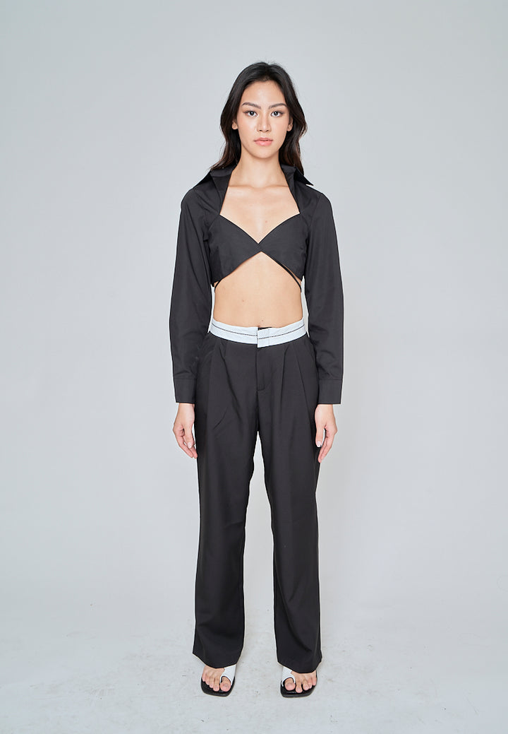 Riyah Black Sexy Bra Turn Down Collar Buttondown Long Sleeves Self Tie Crop Top