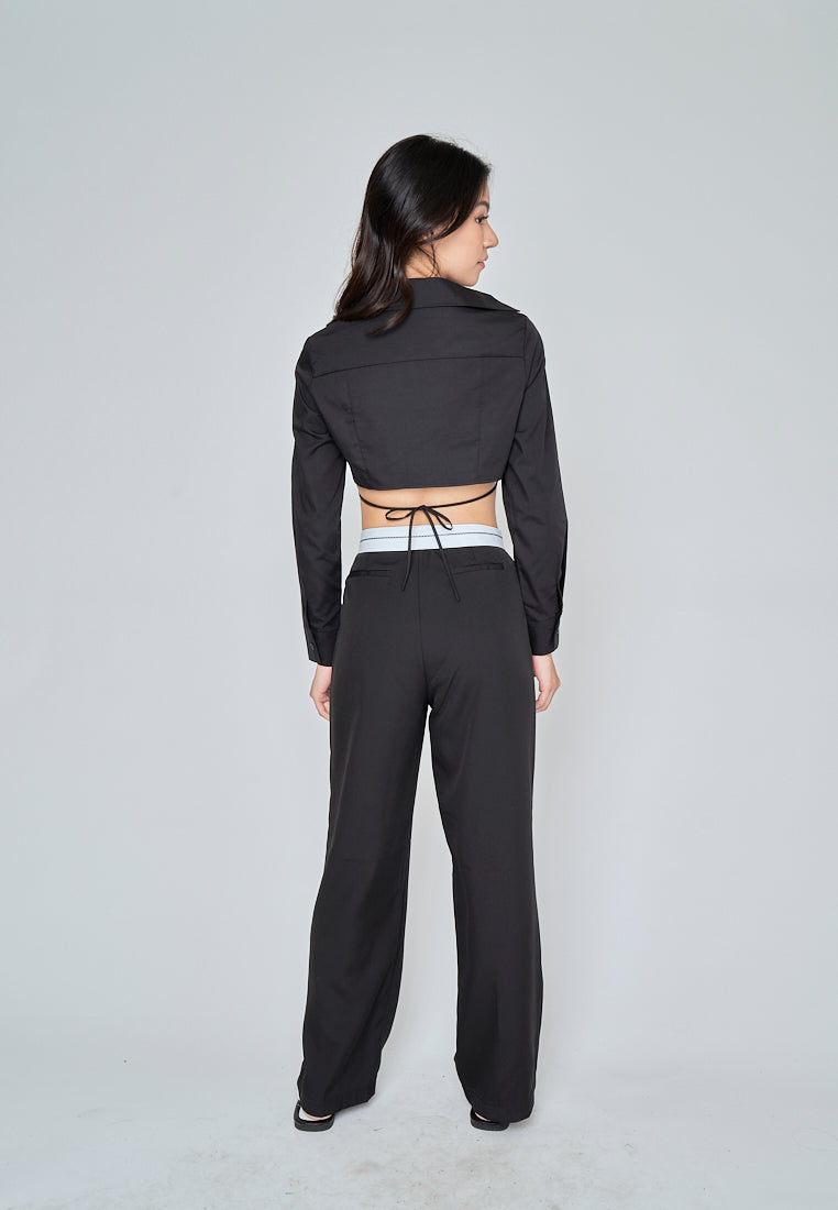 Riyah Black Sexy Bra Turn Down Collar Buttondown Long Sleeves Self Tie Crop Top