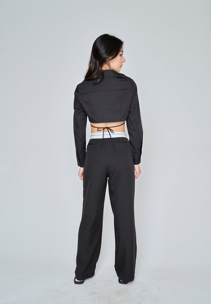 Riyah Black Sexy Bra Turn Down Collar Buttondown Long Sleeves Self Tie Crop Top